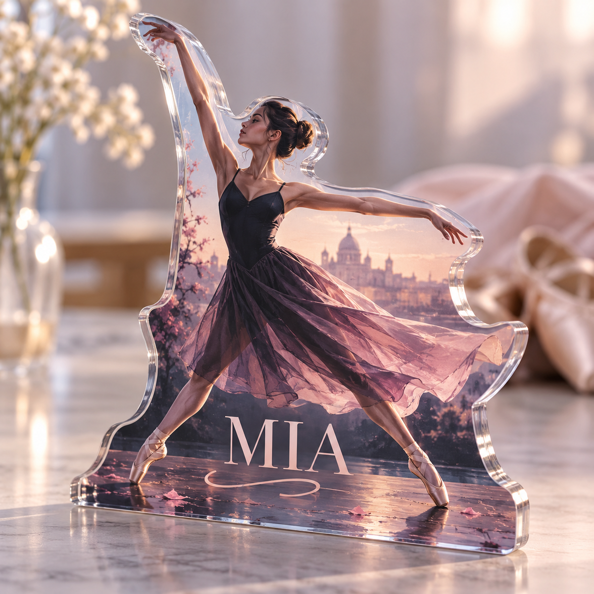 Artwork visualization: Dance practice — personal achievement keepsake, personalized MIA, subject-shaped acrylic with printed optical 3D depth; not carved relief.