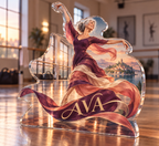 Artwork visualization: Dance practice — retirement adventure gift, personalized AVA, subject-shaped acrylic with printed optical 3D depth; not carved relief.
