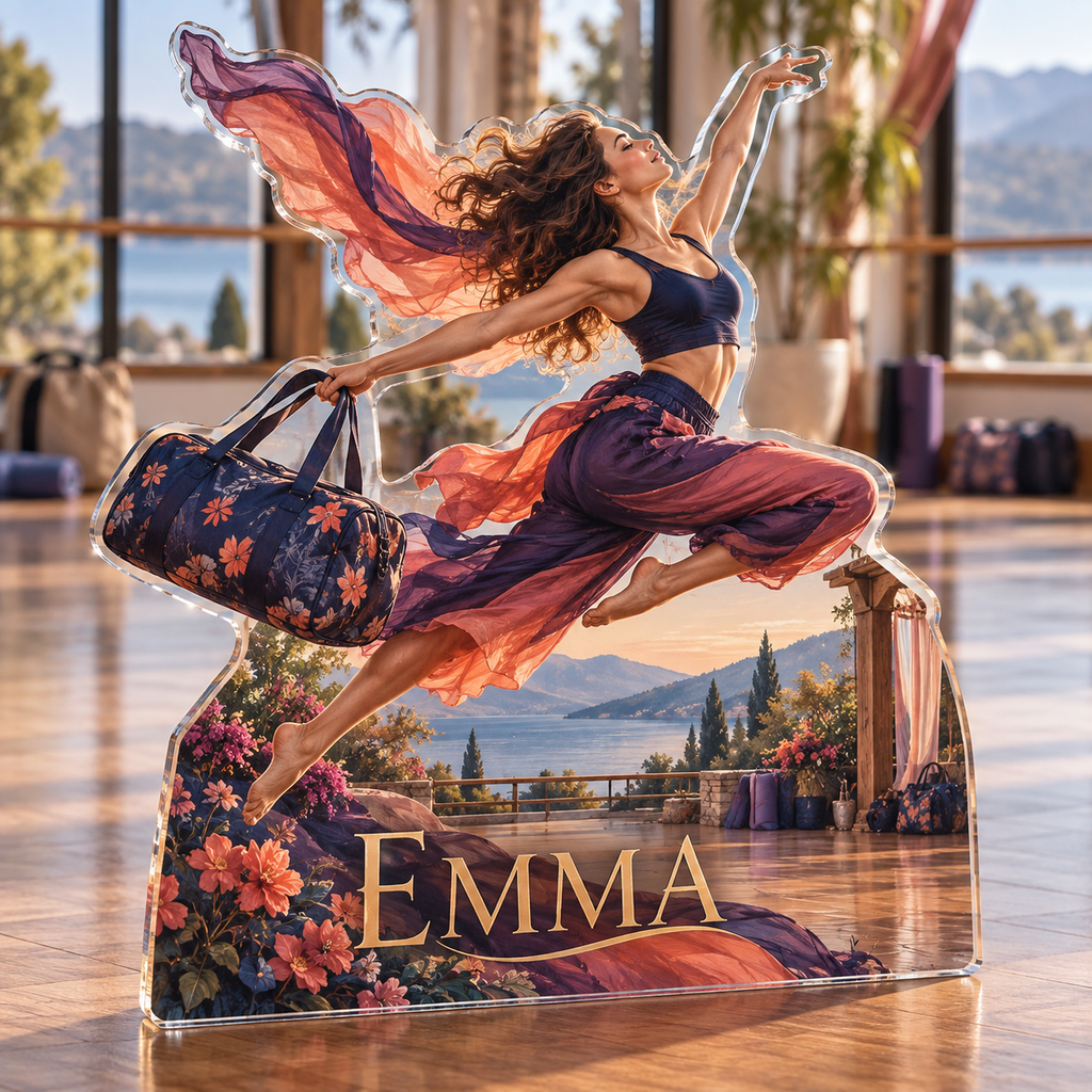 Artwork visualization: Dance practice — weekend trip group, personalized EMMA, subject-shaped acrylic with printed optical 3D depth; not carved relief.