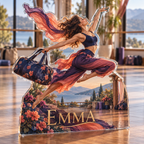 Artwork visualization: Dance practice — weekend trip group, personalized EMMA, subject-shaped acrylic with printed optical 3D depth; not carved relief.
