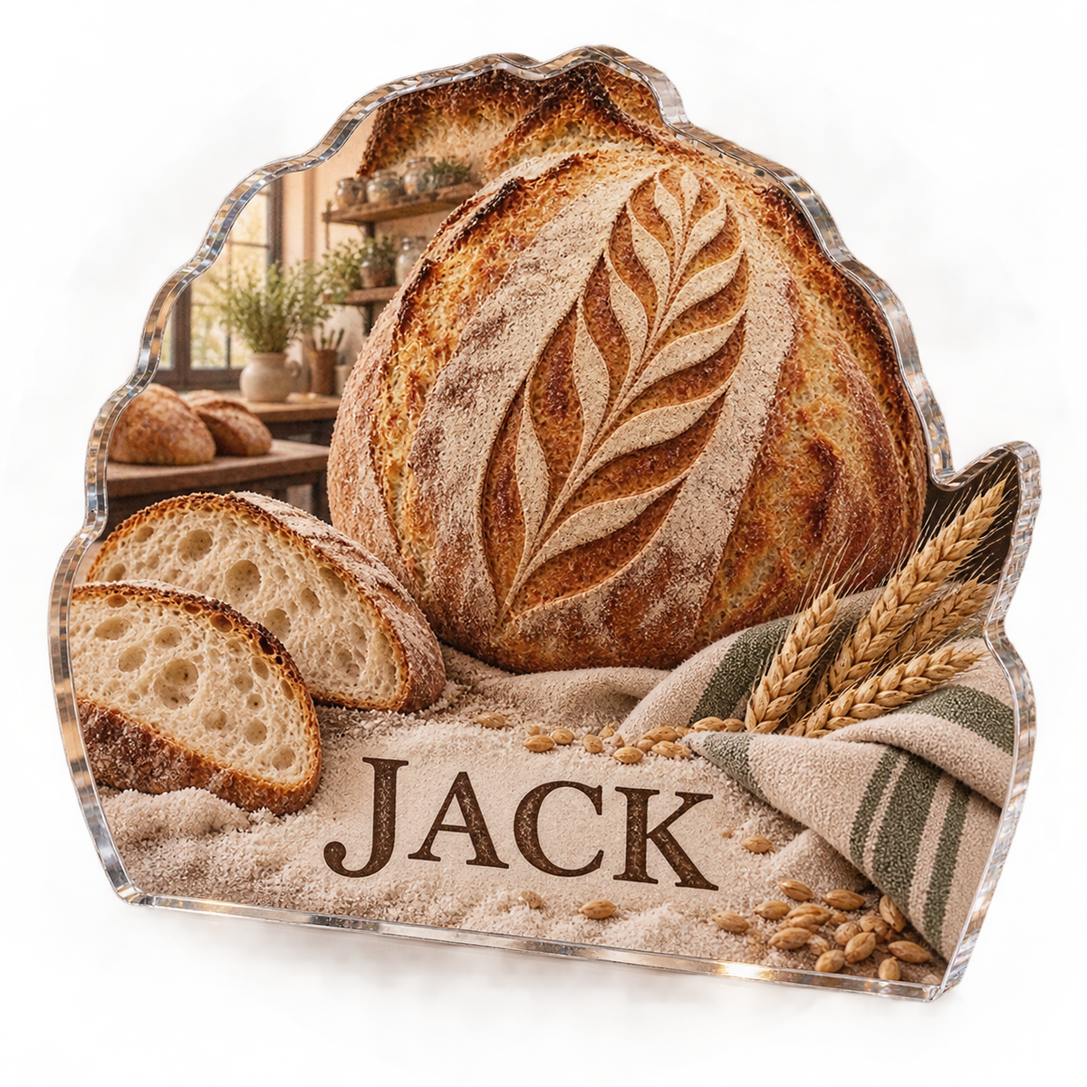 Artwork visualization: Sourdough bread — kitchen wall collection, personalized JACK, subject-shaped acrylic with printed optical 3D depth; not carved relief.
