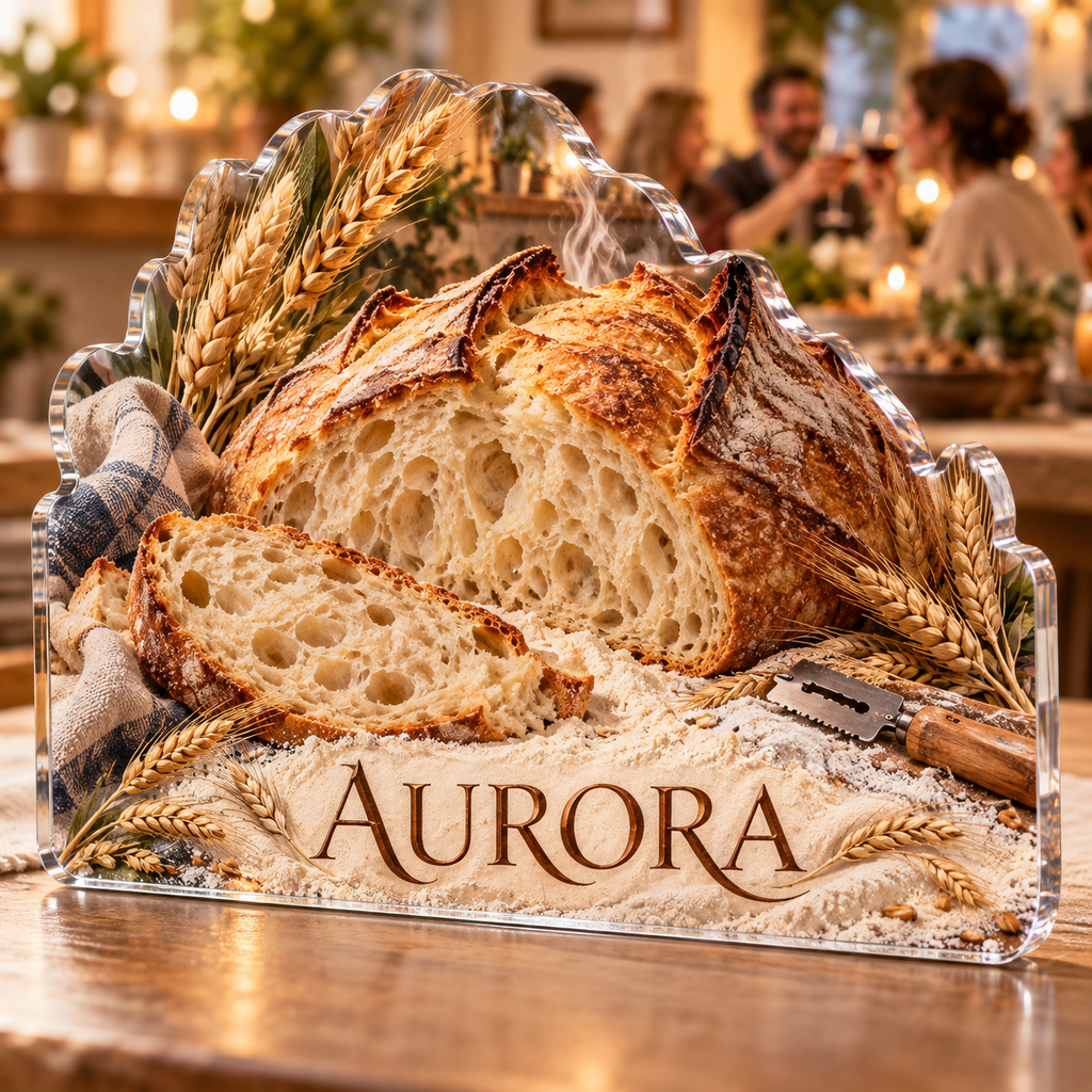 Artwork visualization: Sourdough bread — host thank you gift, personalized AURORA, subject-shaped acrylic with printed optical 3D depth; not carved relief.