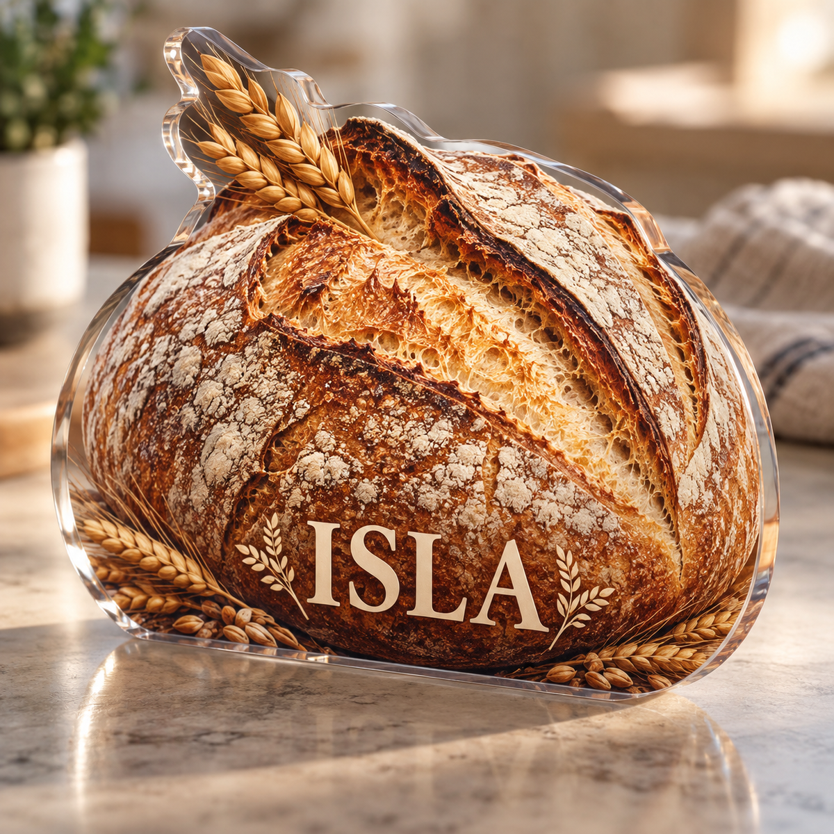 Artwork visualization: Sourdough bread — housewarming kitchen gift, personalized ISLA, subject-shaped acrylic with printed optical 3D depth; not carved relief.