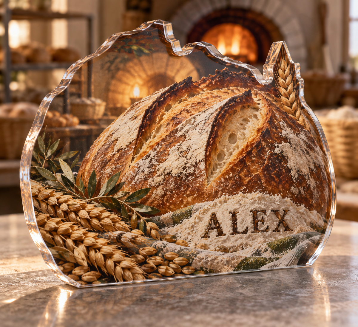 Artwork visualization: Sourdough bread — food hobby birthday, personalized ALEX, subject-shaped acrylic with printed optical 3D depth; not carved relief.