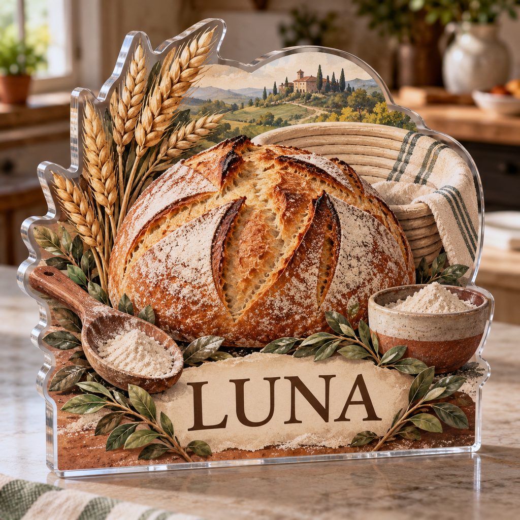 Artwork visualization: Sourdough bread — recipe note collection, personalized LUNA, subject-shaped acrylic with printed optical 3D depth; not carved relief.