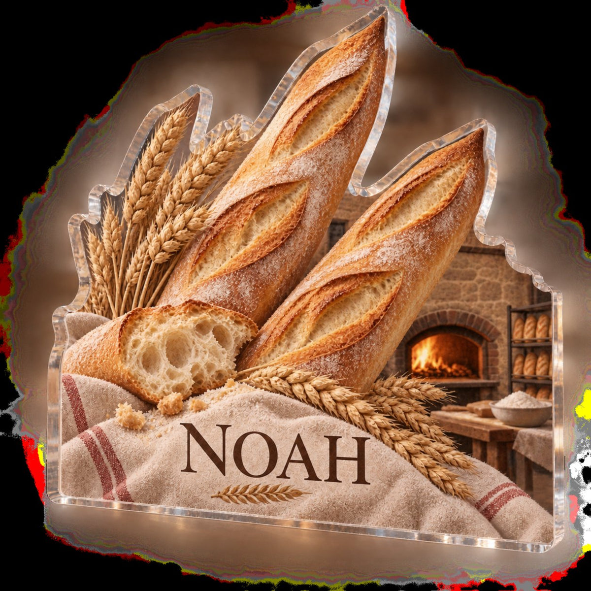 Personalized Baguette Bakery Kitchen Wall Collection custom shape acrylic plaque with an example name set into the artwork, digital preview