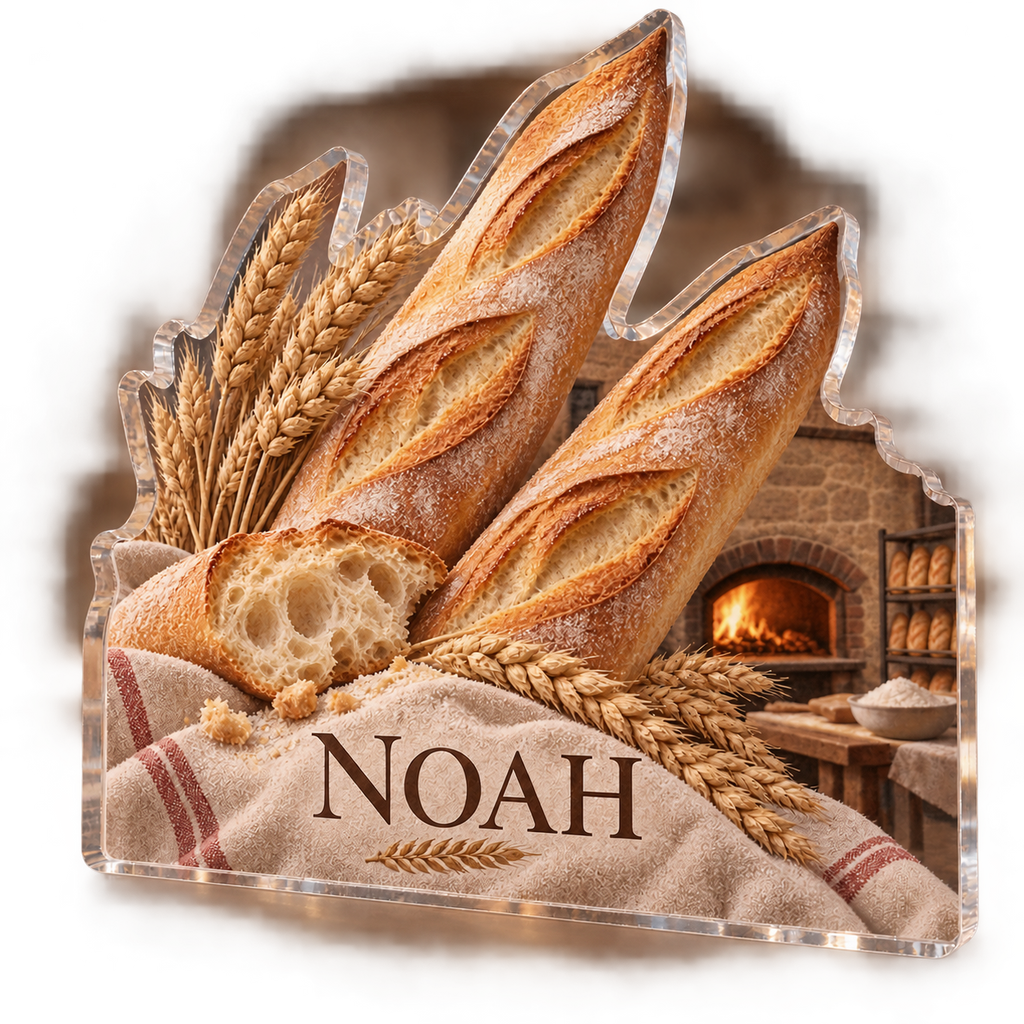 Artwork visualization: Baguette bakery — kitchen wall collection, personalized NOAH, subject-shaped acrylic with printed optical 3D depth; not carved relief.