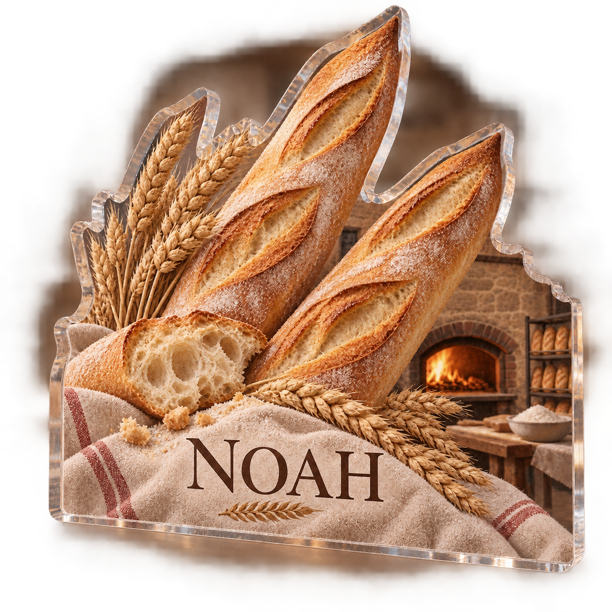 Artwork visualization: Baguette bakery — kitchen wall collection, personalized NOAH, subject-shaped acrylic with printed optical 3D depth; not carved relief.