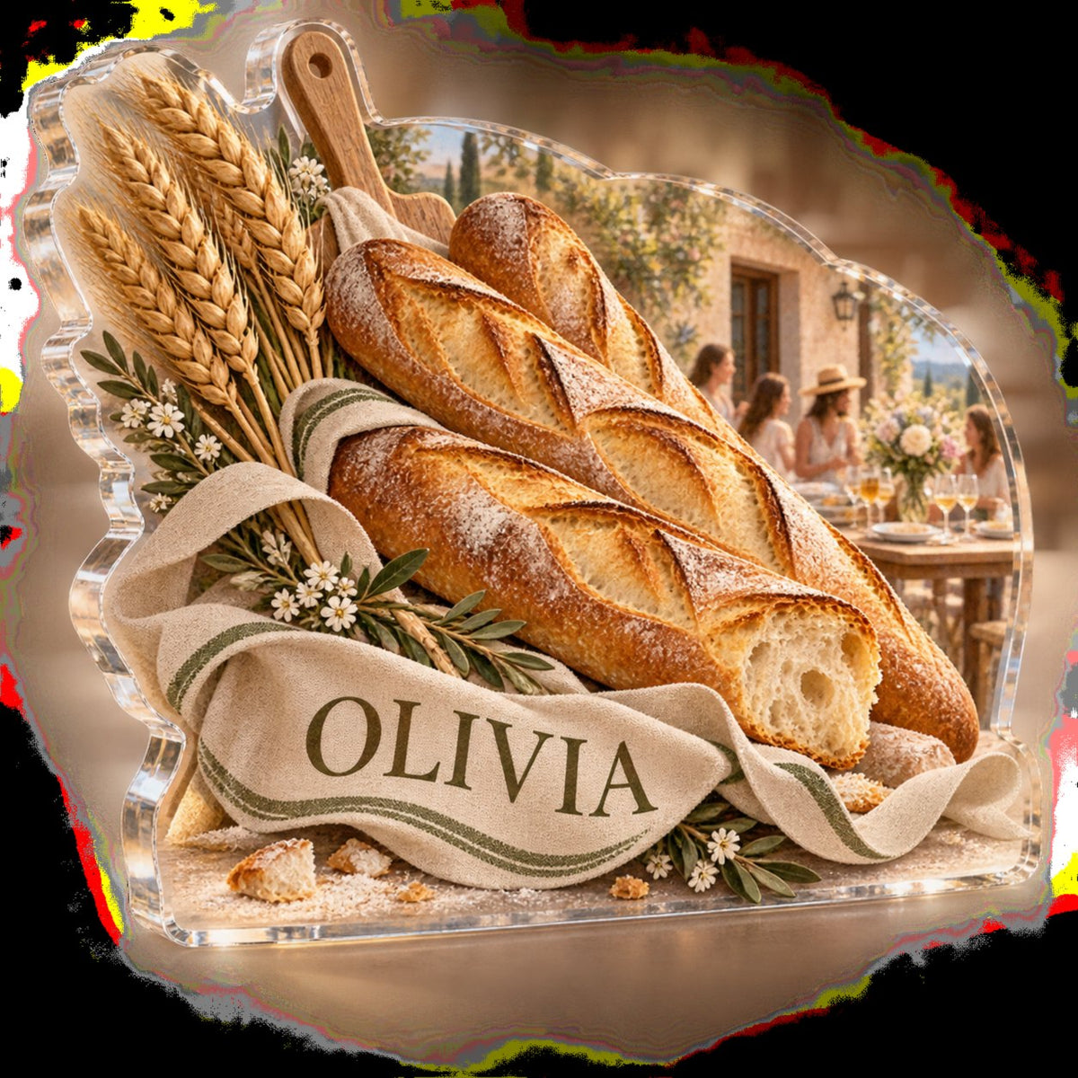 Personalized Baguette Bakery Host Thank You Gift custom shape acrylic plaque with an example name set into the artwork, digital preview