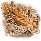 Artwork visualization: Baguette bakery — host thank you gift, personalized OLIVIA, subject-shaped acrylic with printed optical 3D depth; not carved relief.