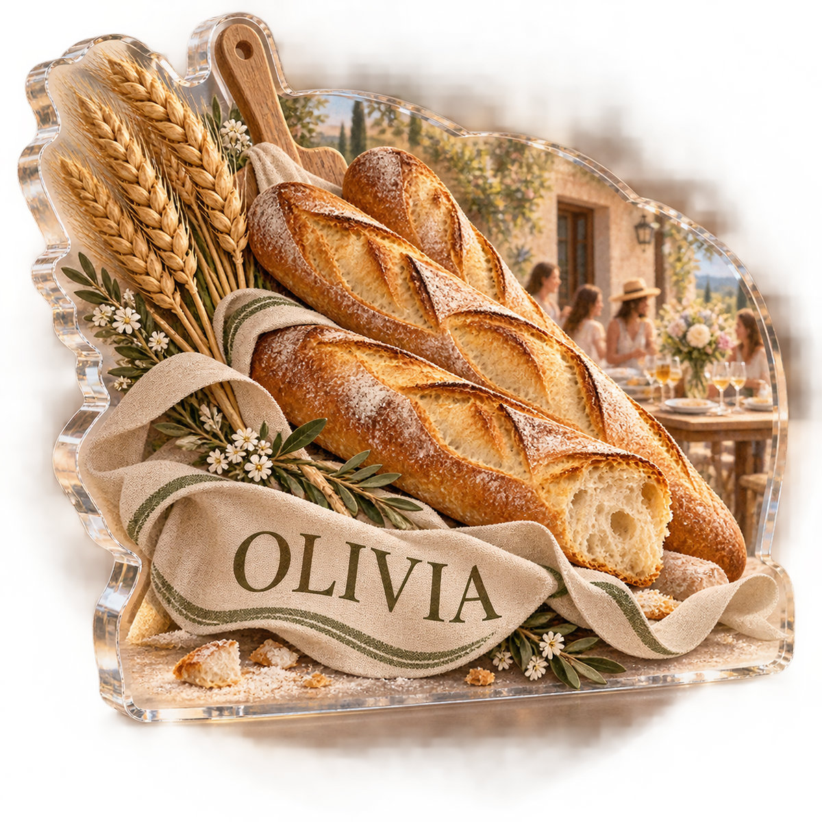 Artwork visualization: Baguette bakery — host thank you gift, personalized OLIVIA, subject-shaped acrylic with printed optical 3D depth; not carved relief.