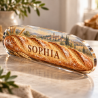 Artwork visualization: Baguette bakery — housewarming kitchen gift, personalized SOPHIA, subject-shaped acrylic with printed optical 3D depth; not carved relief.