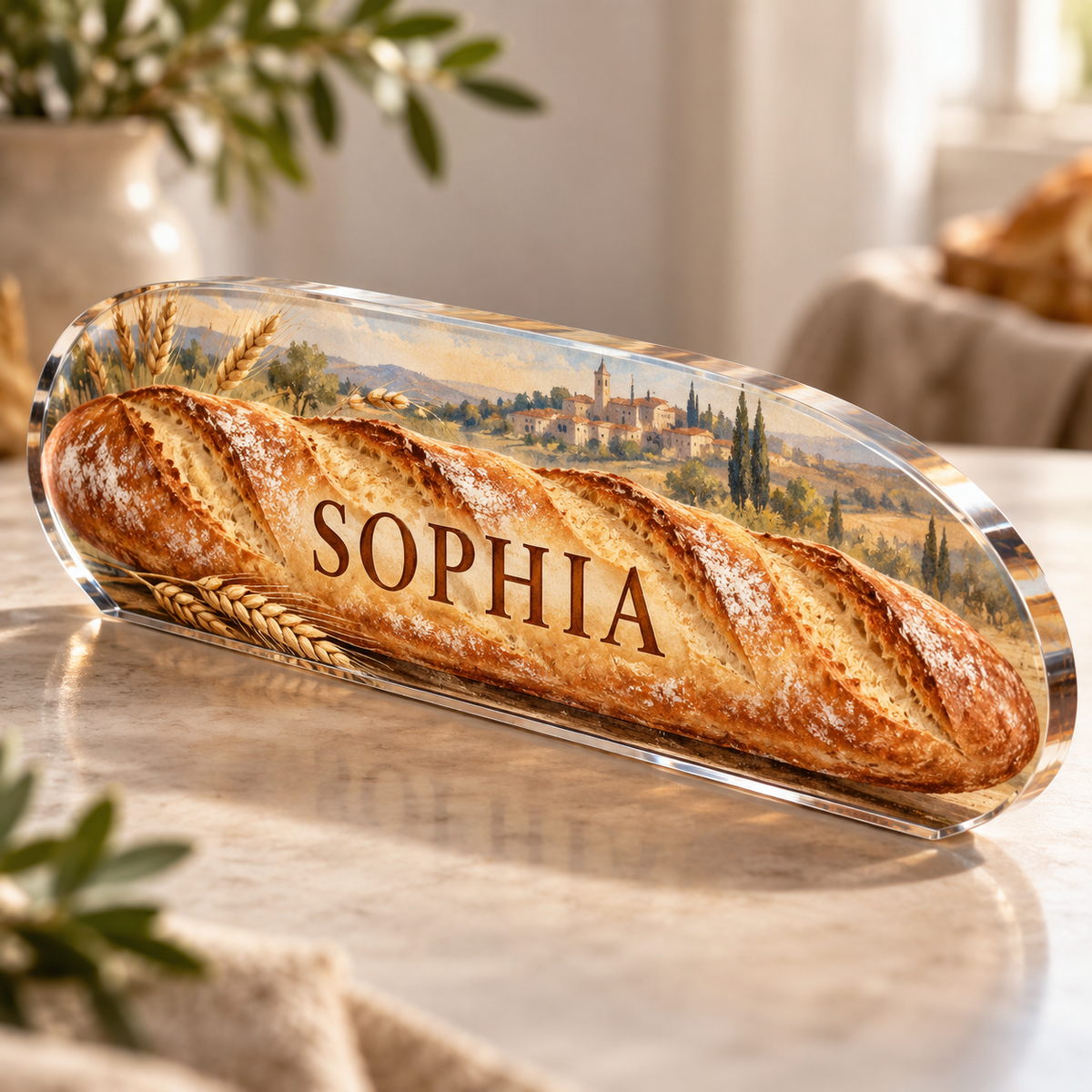 Artwork visualization: Baguette bakery — housewarming kitchen gift, personalized SOPHIA, subject-shaped acrylic with printed optical 3D depth; not carved relief.