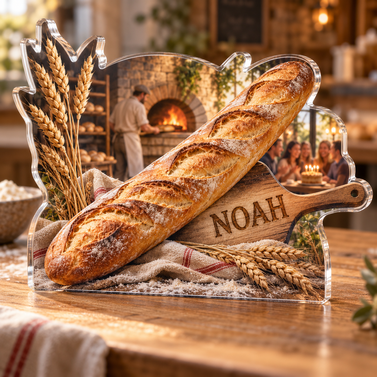 Artwork visualization: Baguette bakery — food hobby birthday, personalized NOAH, subject-shaped acrylic with printed optical 3D depth; not carved relief.