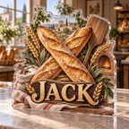 Artwork visualization: Baguette bakery — recipe note collection, personalized JACK, subject-shaped acrylic with printed optical 3D depth; not carved relief.