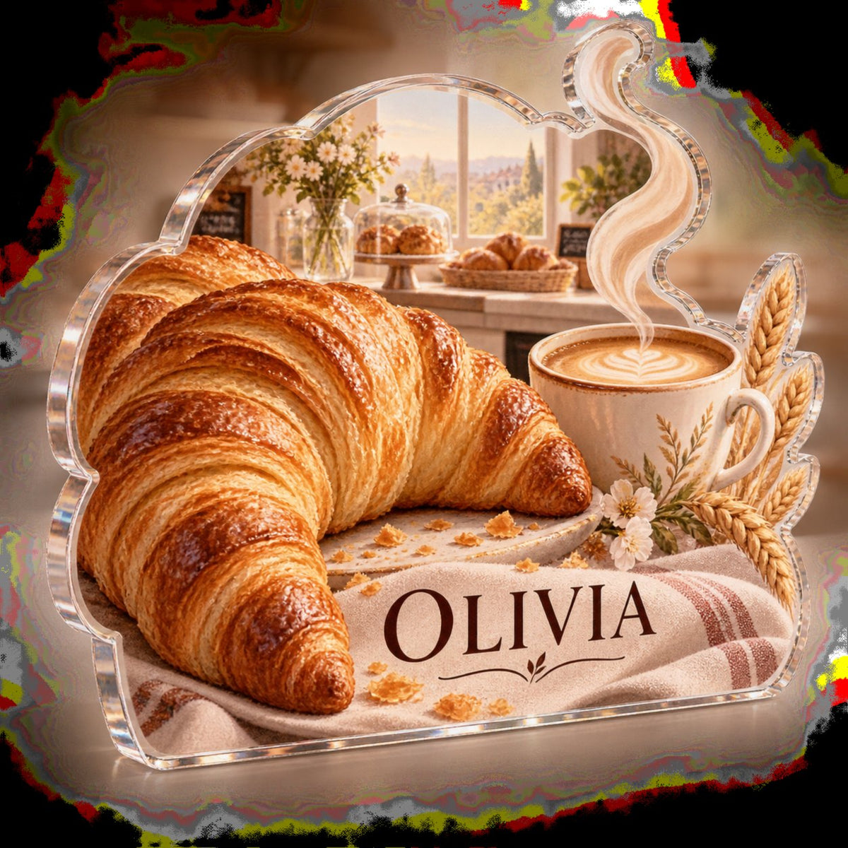 Personalized Croissant Morning Kitchen Wall Collection custom shape acrylic plaque with an example name set into the artwork, digital preview