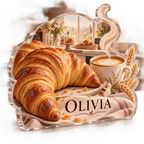 Artwork visualization: Croissant morning — kitchen wall collection, personalized OLIVIA, subject-shaped acrylic with printed optical 3D depth; not carved relief.