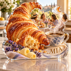 Artwork visualization: Croissant morning — host thank you gift, personalized MIA, subject-shaped acrylic with printed optical 3D depth; not carved relief.