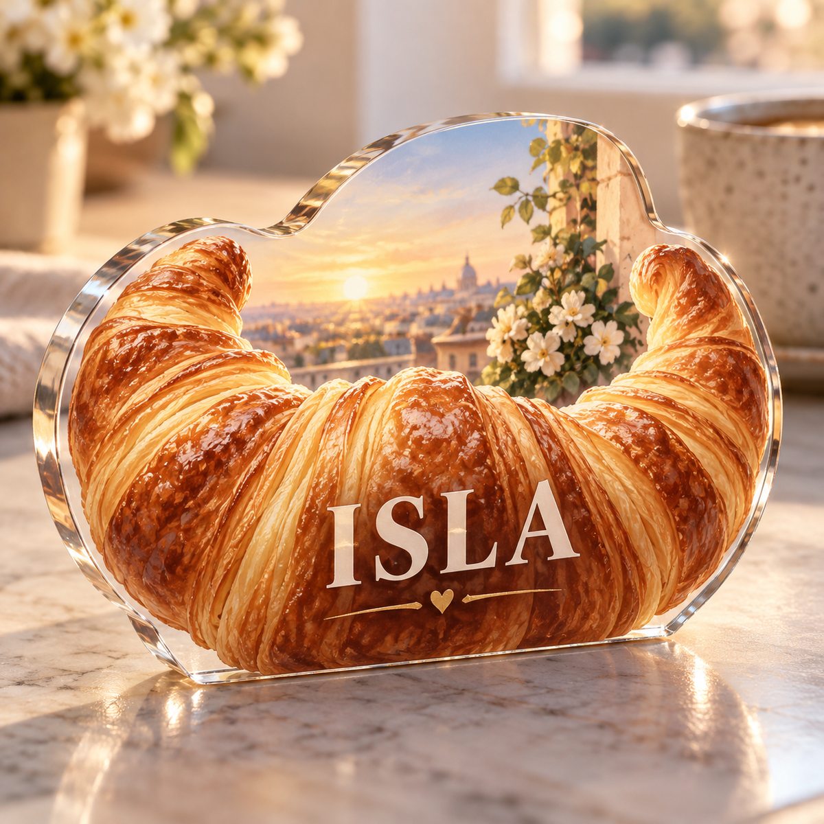 Artwork visualization: Croissant morning — housewarming kitchen gift, personalized ISLA, subject-shaped acrylic with printed optical 3D depth; not carved relief.