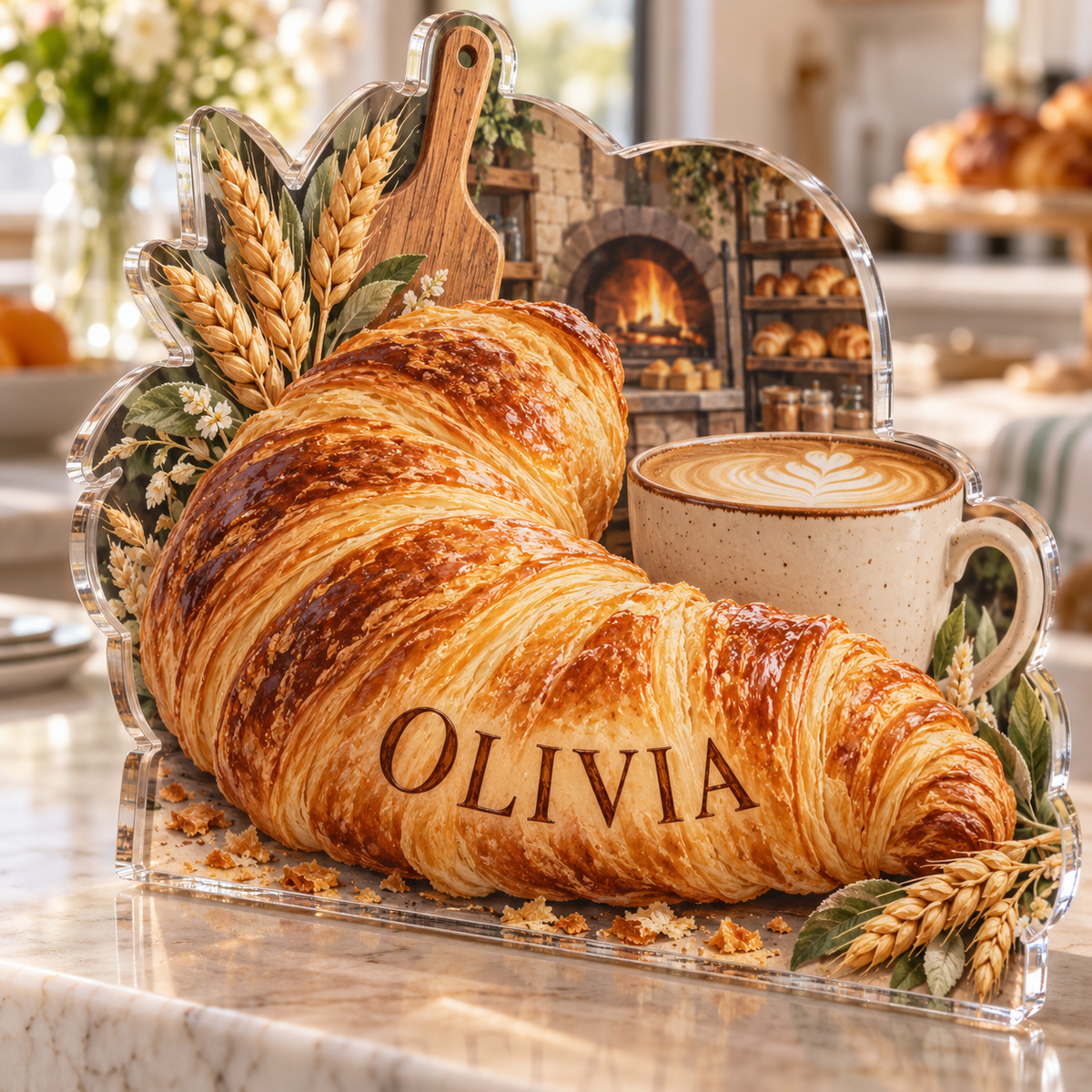 Artwork visualization: Croissant morning — food hobby birthday, personalized OLIVIA, subject-shaped acrylic with printed optical 3D depth; not carved relief.