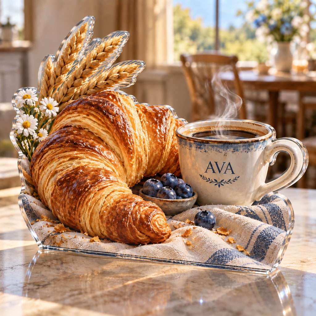 Artwork visualization: Croissant morning — breakfast nook decoration, personalized AVA, subject-shaped acrylic with printed optical 3D depth; not carved relief.