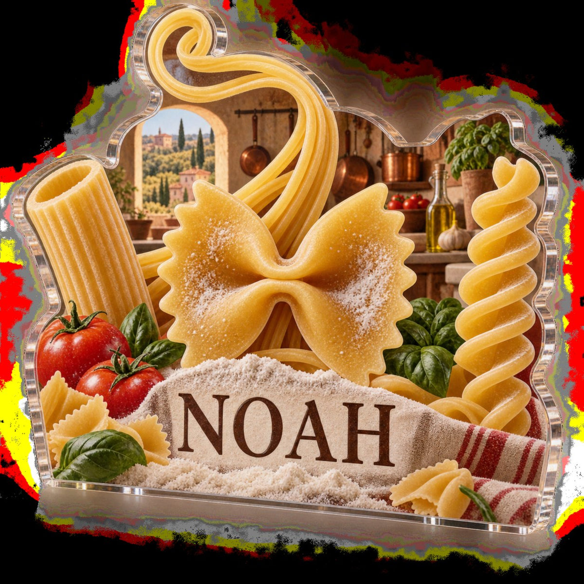 Personalized Pasta Shapes Kitchen Wall Collection custom shape acrylic plaque with an example name set into the artwork, digital preview