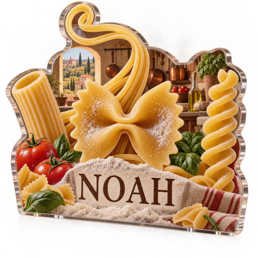 Artwork visualization: Pasta shapes — kitchen wall collection, personalized NOAH, subject-shaped acrylic with printed optical 3D depth; not carved relief.