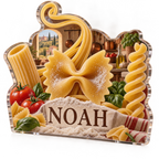Artwork visualization: Pasta shapes — kitchen wall collection, personalized NOAH, subject-shaped acrylic with printed optical 3D depth; not carved relief.