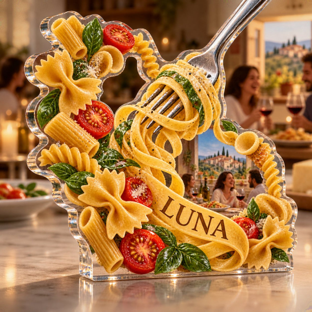 Personalized Pasta Shapes Host Thank You Gift custom shape acrylic plaque with an example name set into the artwork, digital preview