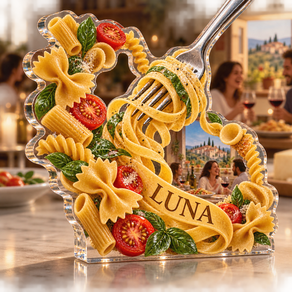 Artwork visualization: Pasta shapes — host thank you gift, personalized LUNA, subject-shaped acrylic with printed optical 3D depth; not carved relief.