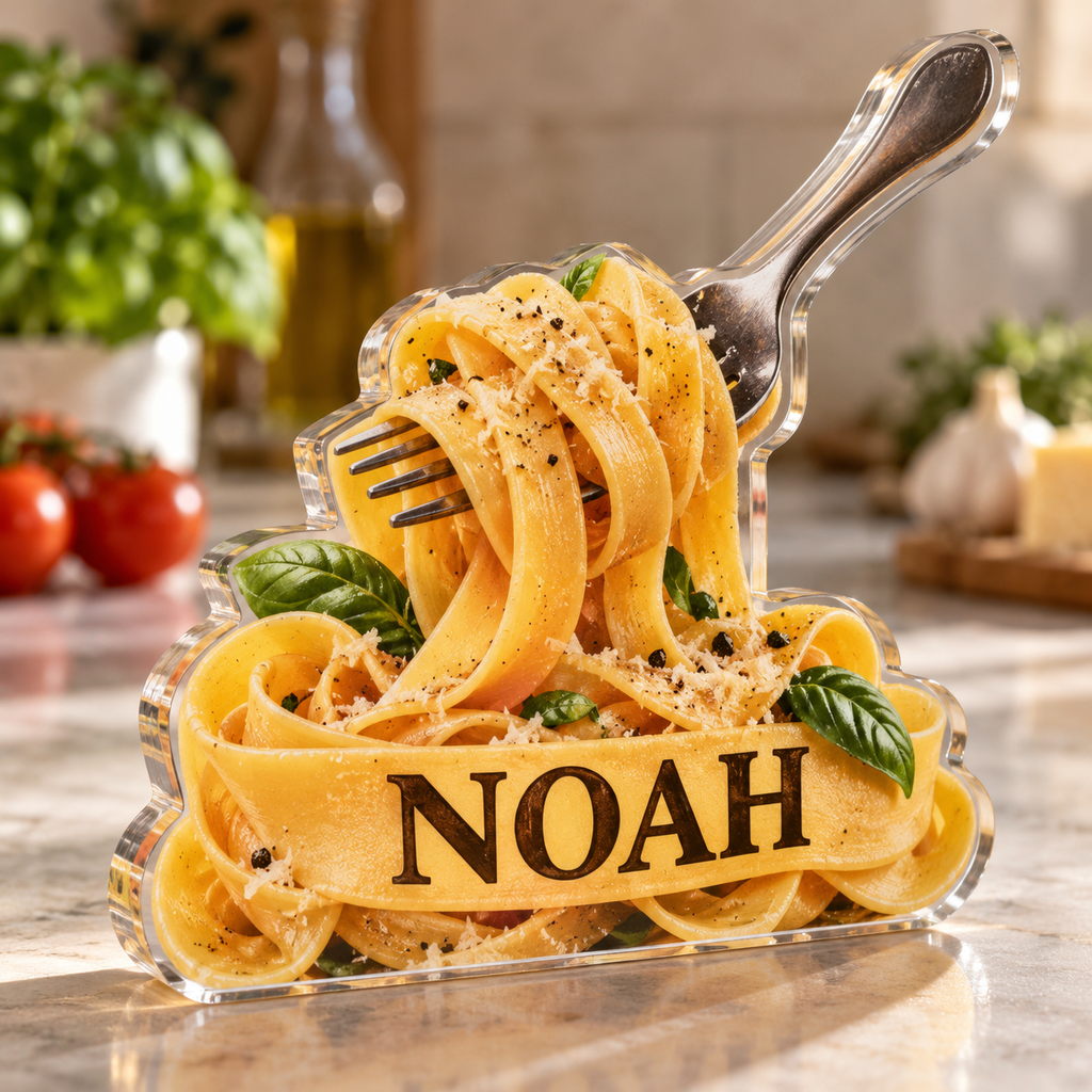 Artwork visualization: Pasta shapes — housewarming kitchen gift, personalized NOAH, subject-shaped acrylic with printed optical 3D depth; not carved relief.