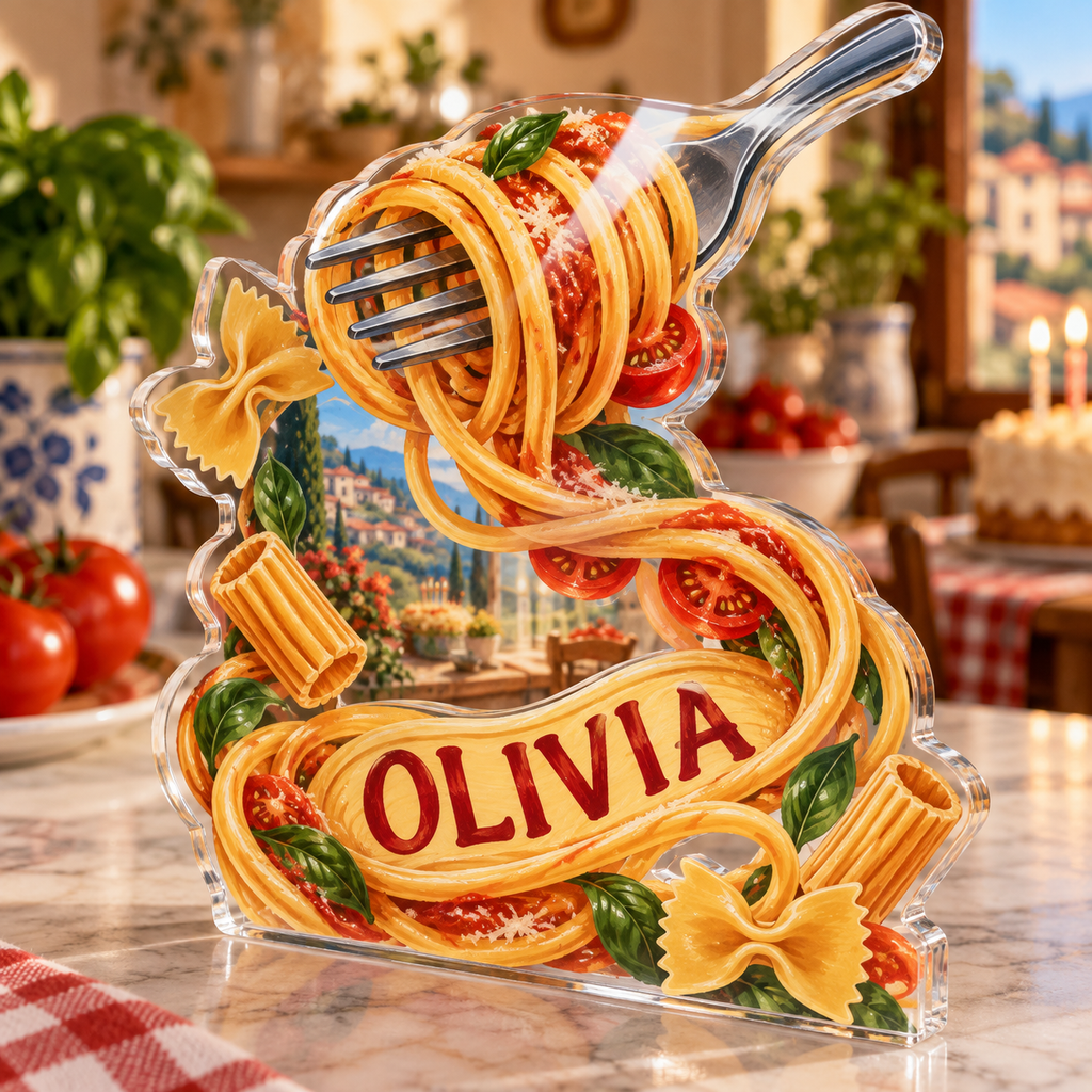 Artwork visualization: Pasta shapes — food hobby birthday, personalized OLIVIA, subject-shaped acrylic with printed optical 3D depth; not carved relief.