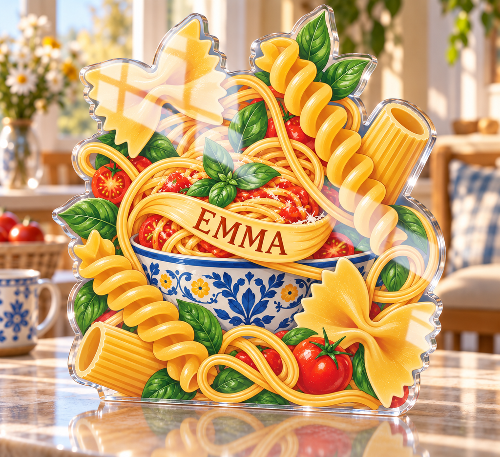Artwork visualization: Pasta shapes — breakfast nook decoration, personalized EMMA, subject-shaped acrylic with printed optical 3D depth; not carved relief.