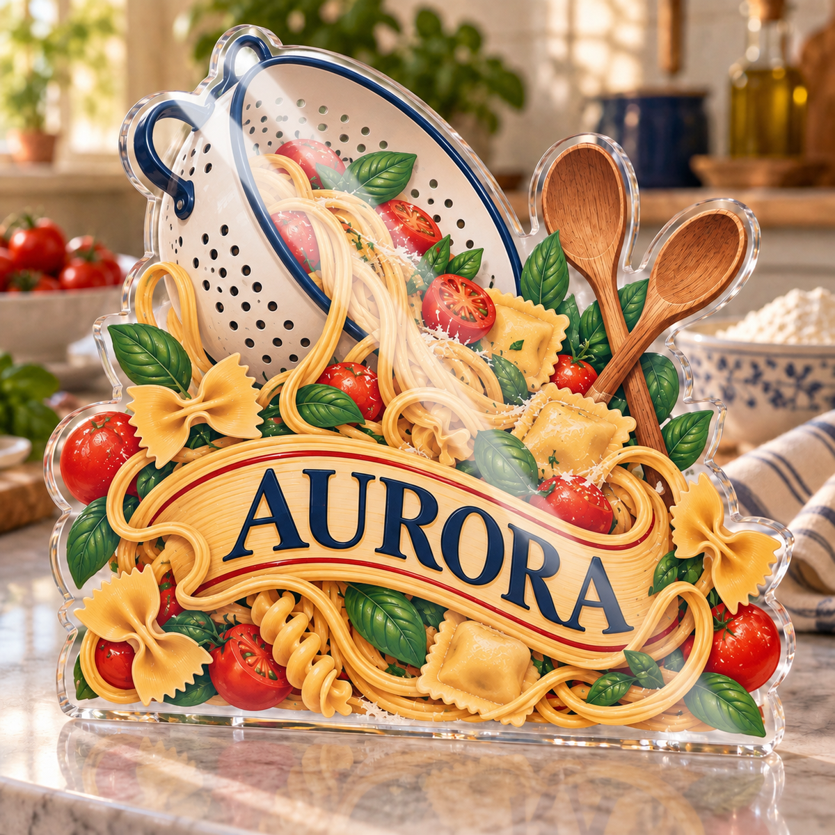 Artwork visualization: Pasta shapes — family cooking day, personalized AURORA, subject-shaped acrylic with printed optical 3D depth; not carved relief.
