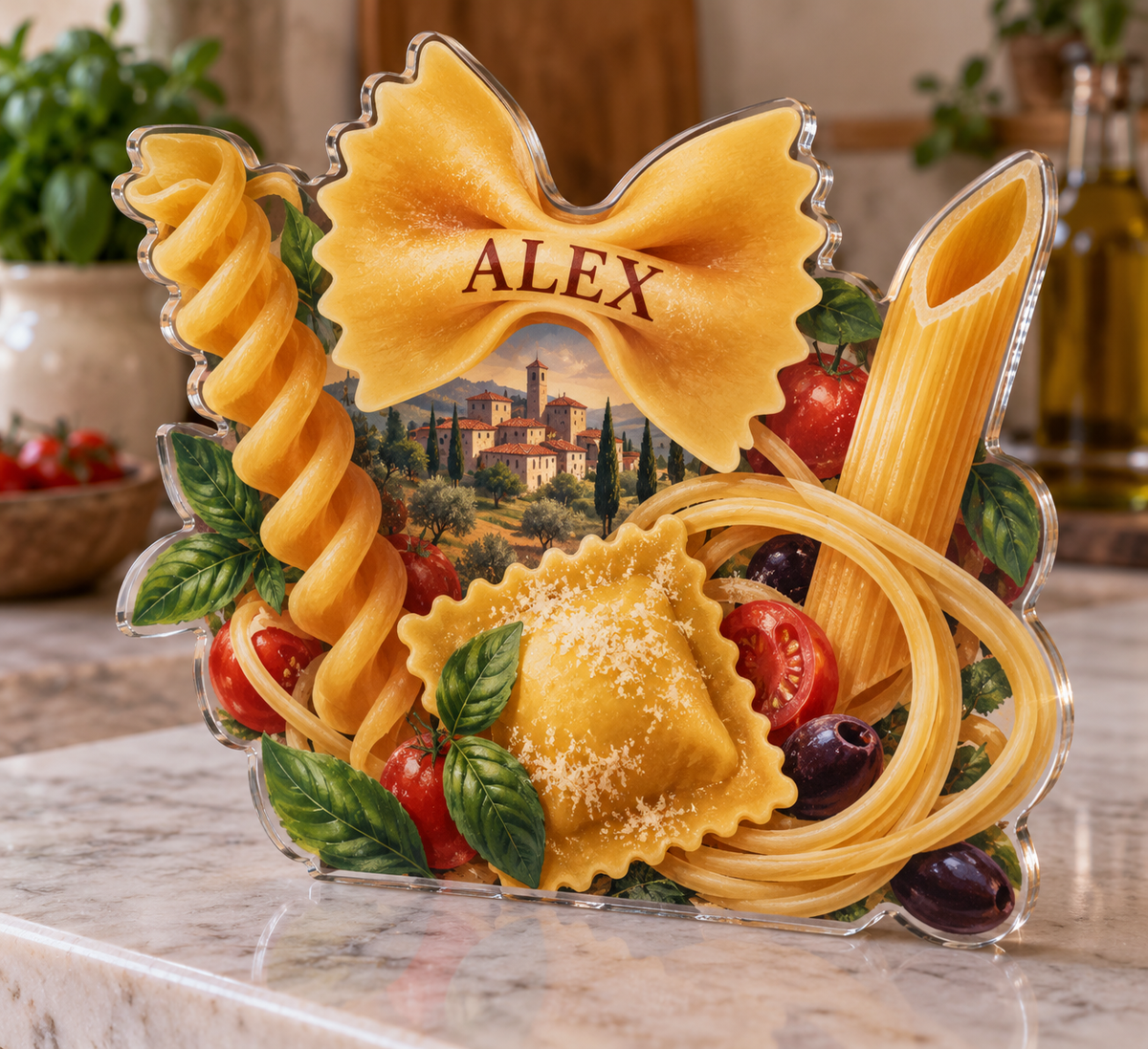 Artwork visualization: Pasta shapes — recipe note collection, personalized ALEX, subject-shaped acrylic with printed optical 3D depth; not carved relief.