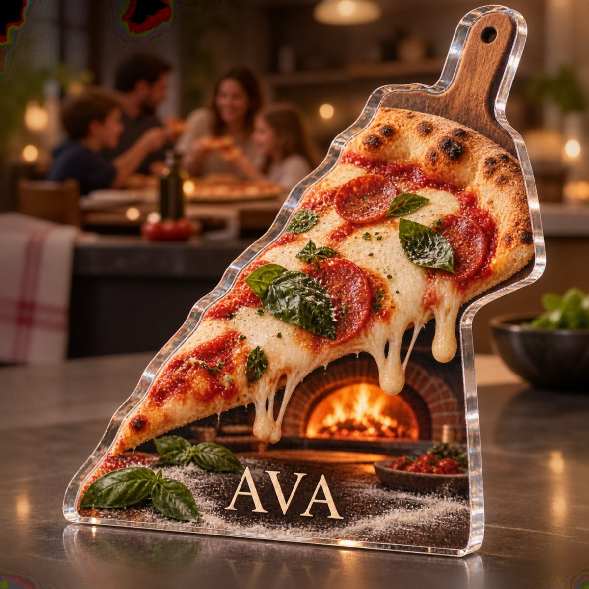 Personalized Pizza Night Kitchen Wall Collection custom shape acrylic plaque with an example name set into the artwork, digital preview