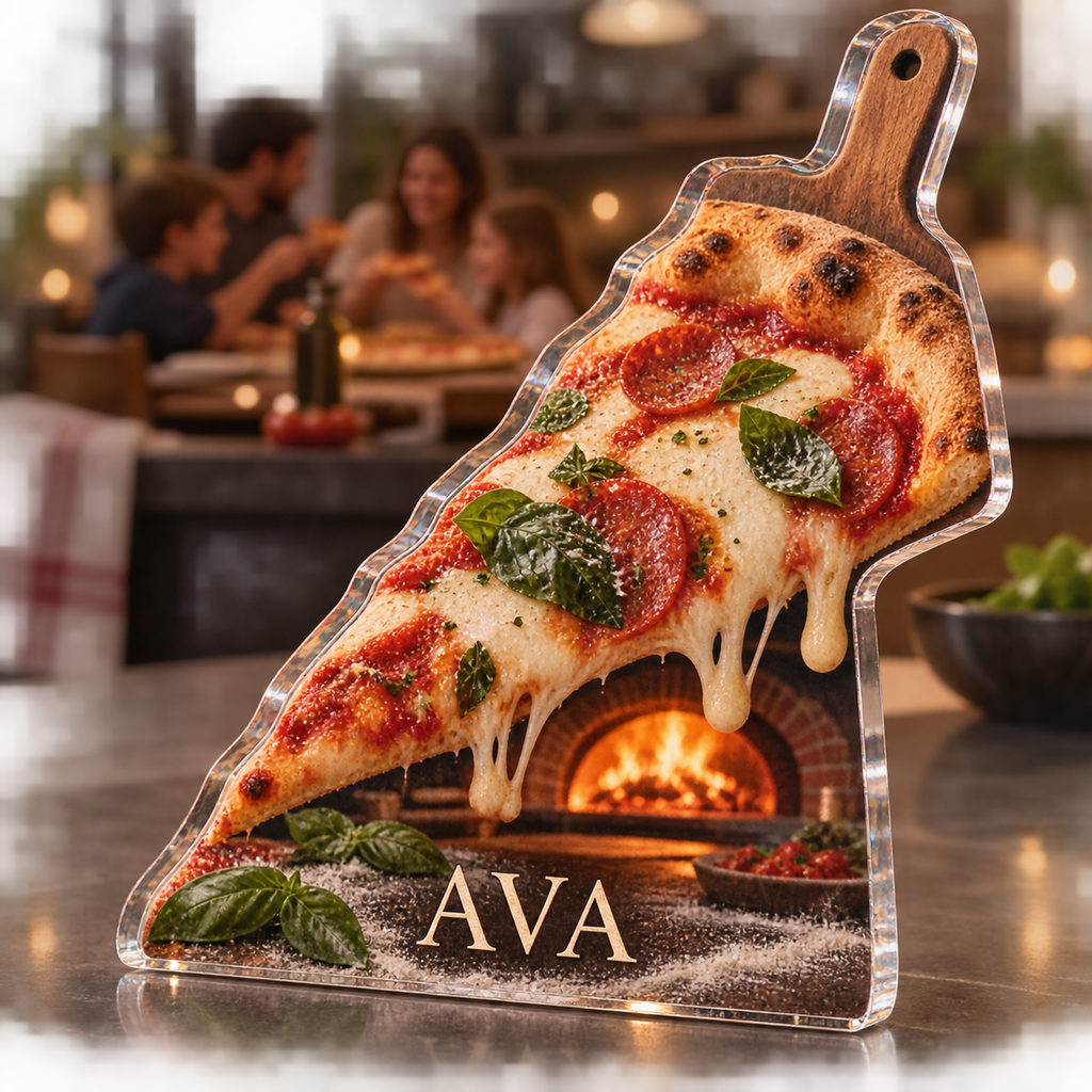 Artwork visualization: Pizza night — kitchen wall collection, personalized AVA, subject-shaped acrylic with printed optical 3D depth; not carved relief.