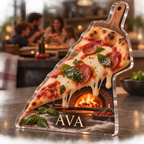 Artwork visualization: Pizza night — kitchen wall collection, personalized AVA, subject-shaped acrylic with printed optical 3D depth; not carved relief.