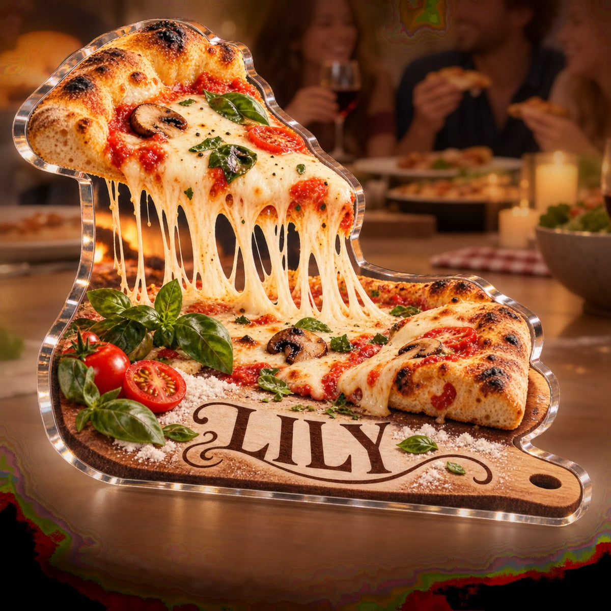 Personalized Pizza Night Host Thank You Gift custom shape acrylic plaque with an example name set into the artwork, digital preview