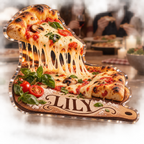 Artwork visualization: Pizza night — host thank you gift, personalized LILY, subject-shaped acrylic with printed optical 3D depth; not carved relief.
