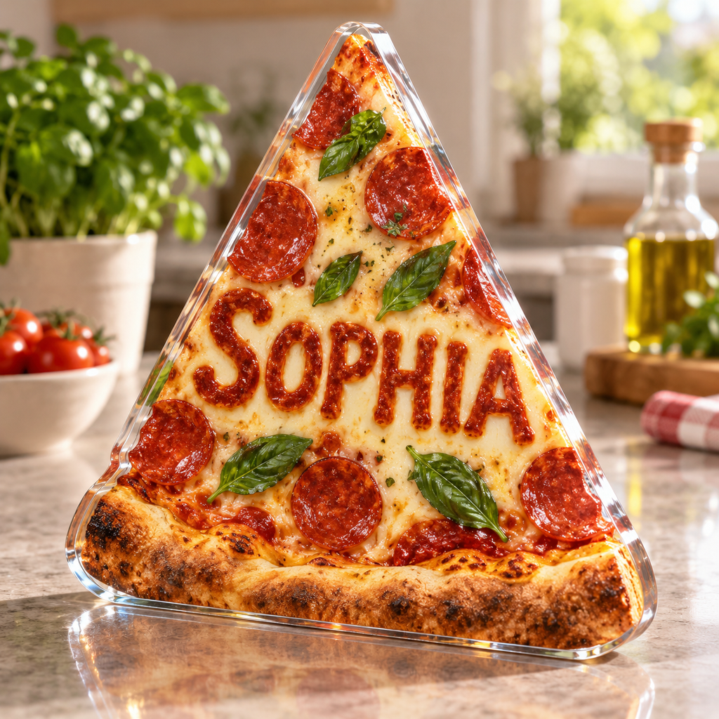 Artwork visualization: Pizza night — housewarming kitchen gift, personalized SOPHIA, subject-shaped acrylic with printed optical 3D depth; not carved relief.