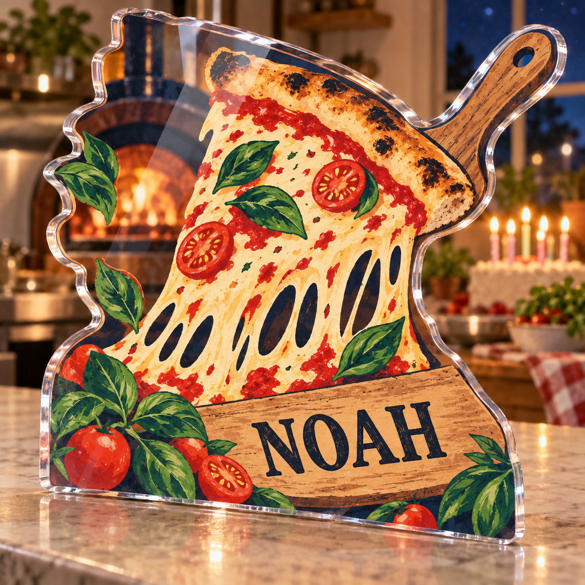 Artwork visualization: Pizza night — food hobby birthday, personalized NOAH, subject-shaped acrylic with printed optical 3D depth; not carved relief.