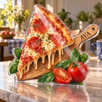 Artwork visualization: Pizza night — breakfast nook decoration, personalized AVA, subject-shaped acrylic with printed optical 3D depth; not carved relief.