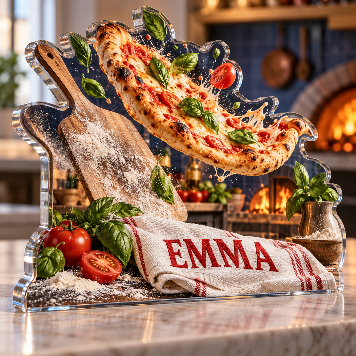 Artwork visualization: Pizza night — family cooking day, personalized EMMA, subject-shaped acrylic with printed optical 3D depth; not carved relief.