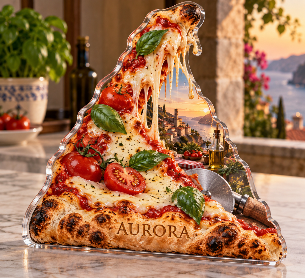 Artwork visualization: Pizza night — recipe note collection, personalized AURORA, subject-shaped acrylic with printed optical 3D depth; not carved relief.