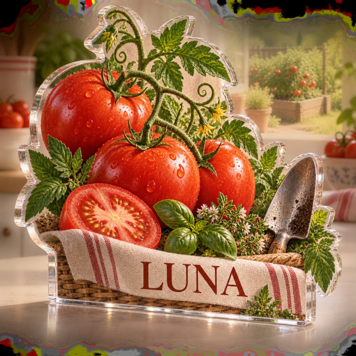 Personalized Tomato Garden Kitchen Kitchen Wall Collection custom shape acrylic plaque with an example name set into the artwork, digital preview