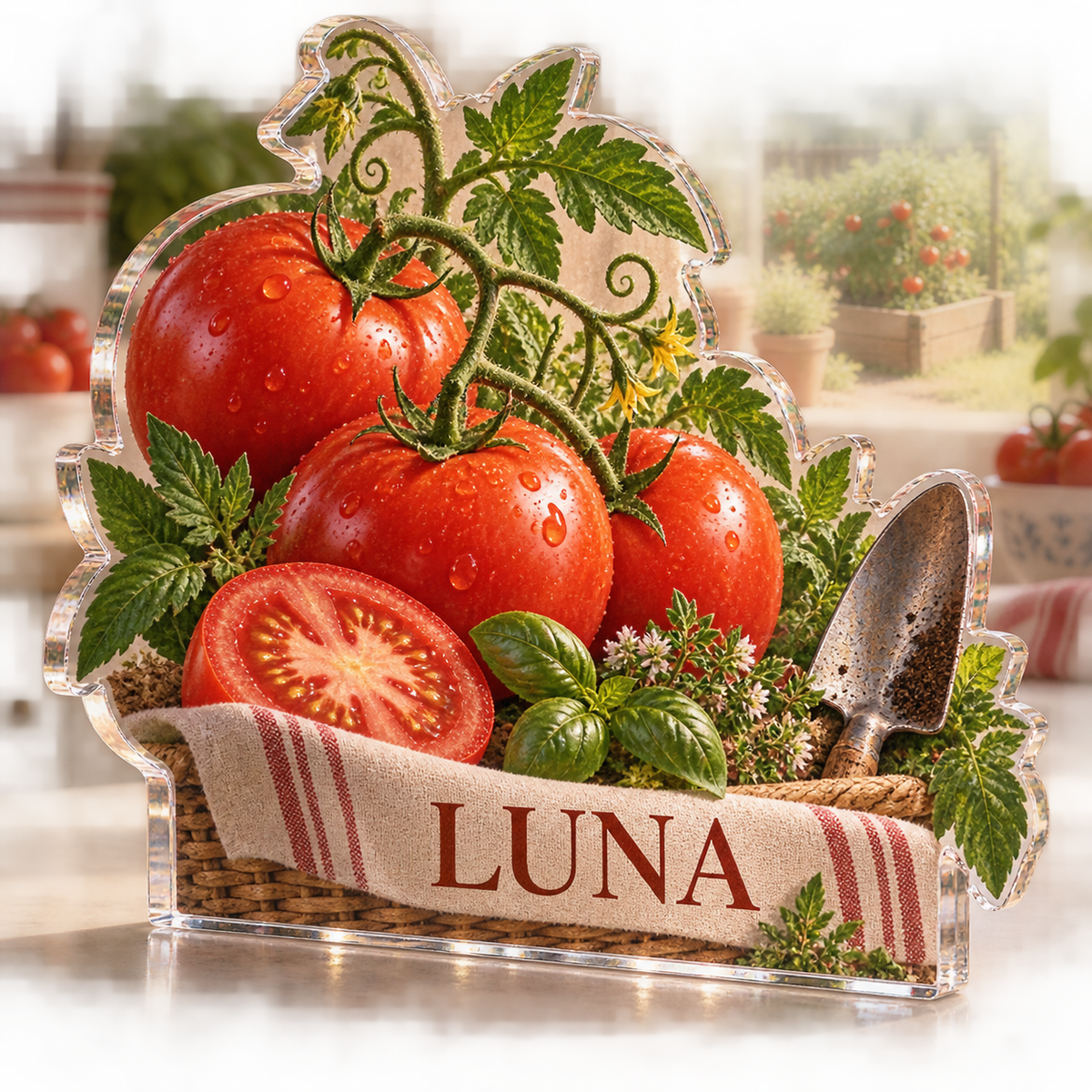 Artwork visualization: Tomato garden kitchen — kitchen wall collection, personalized LUNA, subject-shaped acrylic with printed optical 3D depth; not carved relief.