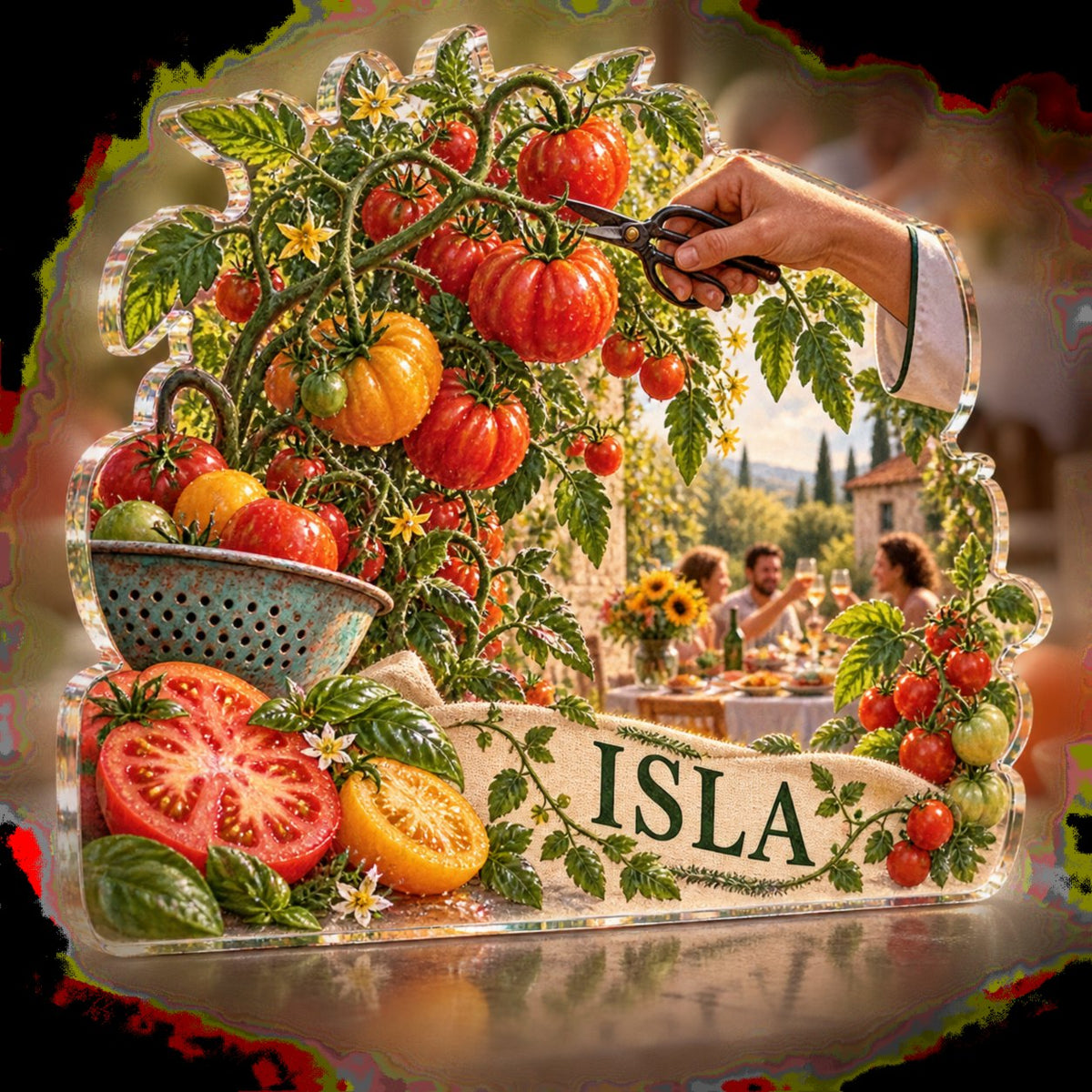 Personalized Tomato Garden Kitchen Host Thank You Gift custom shape acrylic plaque with an example name set into the artwork, digital preview