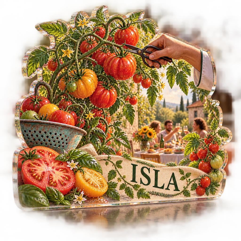 Artwork visualization: Tomato garden kitchen — host thank you gift, personalized ISLA, subject-shaped acrylic with printed optical 3D depth; not carved relief.