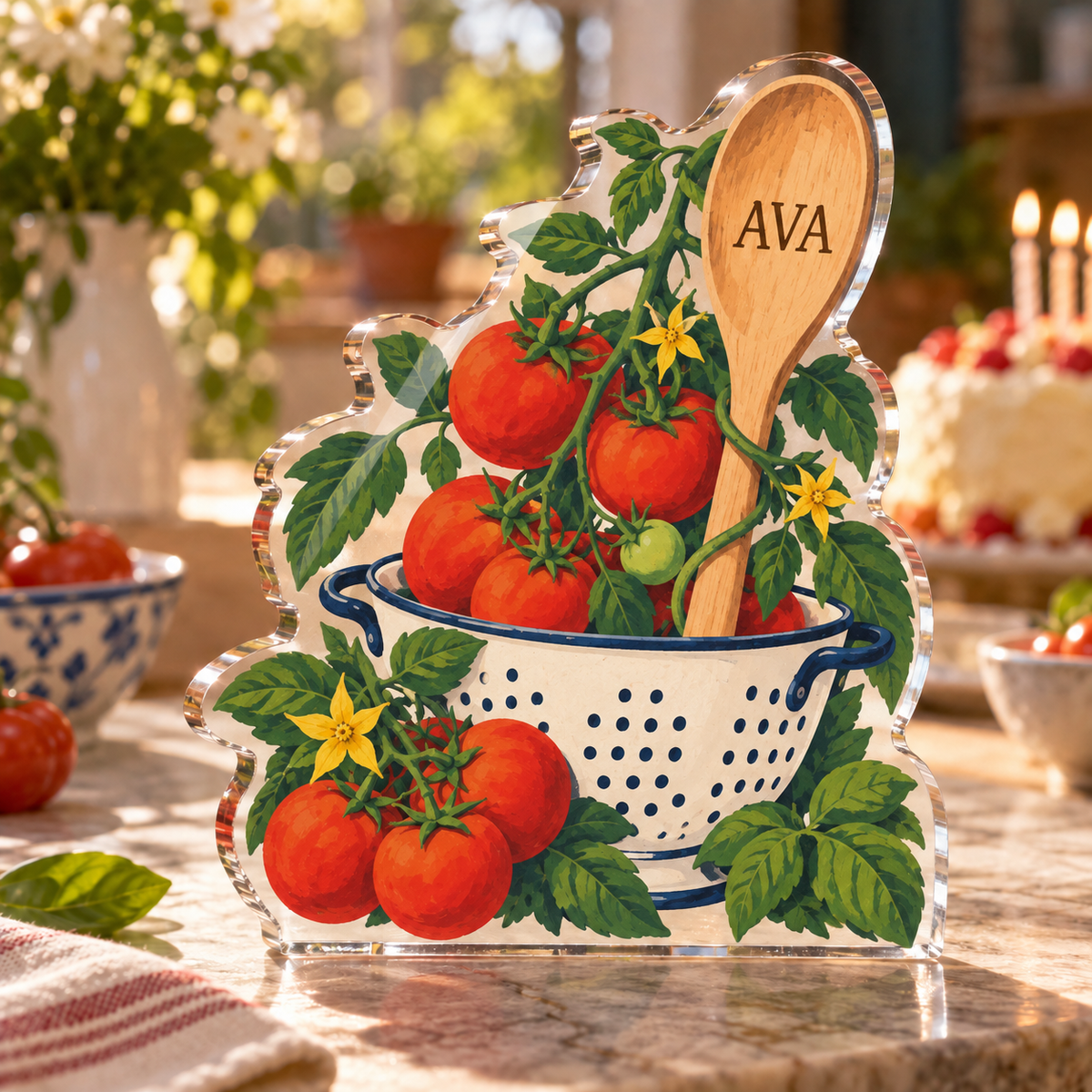 Artwork visualization: Tomato garden kitchen — food hobby birthday, personalized AVA, subject-shaped acrylic with printed optical 3D depth; not carved relief.